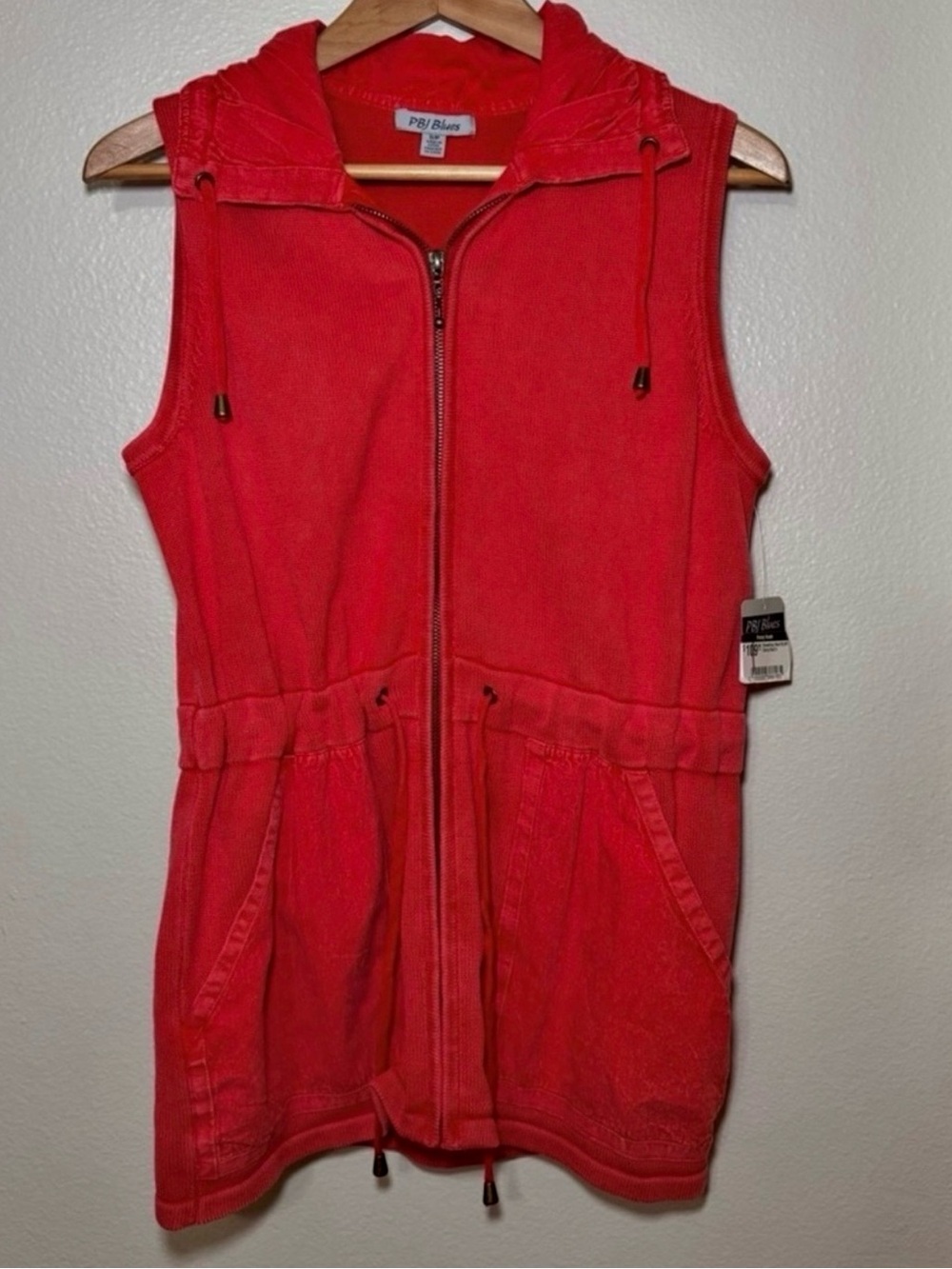 PBJ Blues Cherry Red Hooded Zip-Up Vest NWT Small Drawstring Cotton Utility